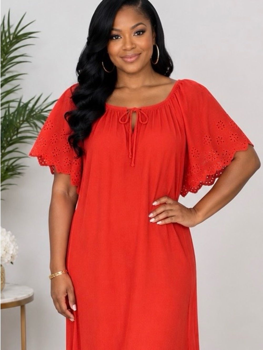 Old Navy Red Tie-Neck Eyelet Sleeve Chemise